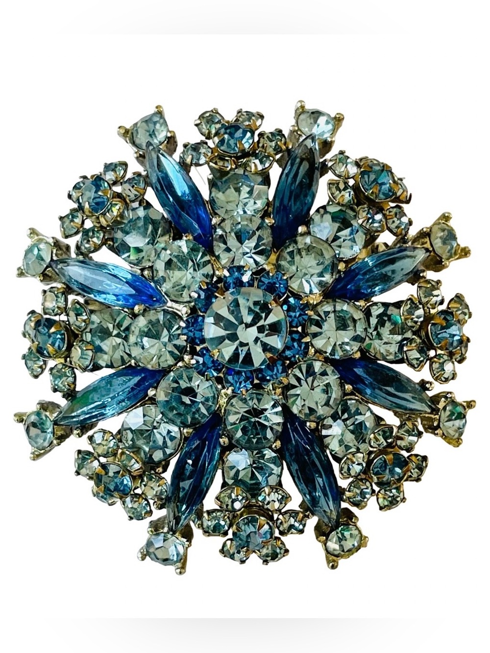 Vintage Mid-Century Sapphire Blue Floral Sunburst Rhinestone Brooch